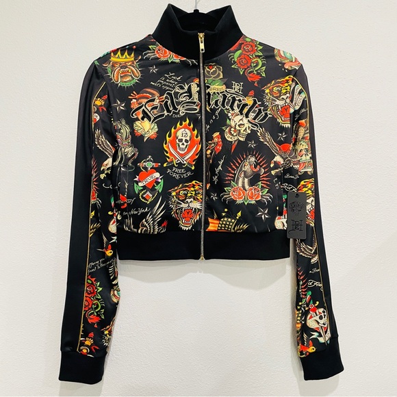 NEW Ed Hardy Shrunken Flashboard Black Cropped Track Jacket Women Medium Y2K - Picture 1 of 13